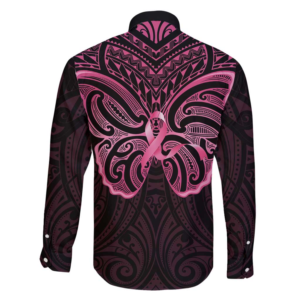 New Zealand Breast Cancer Awareness Family Matching Long Sleeve Bodycon Dress and Hawaiian Shirt Maori Butterfly Pink Ribbon Black Version LT14 - Polynesian Pride