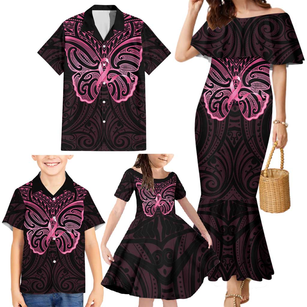 New Zealand Breast Cancer Awareness Family Matching Mermaid Dress and Hawaiian Shirt Maori Butterfly Pink Ribbon Black Version LT14 - Polynesian Pride