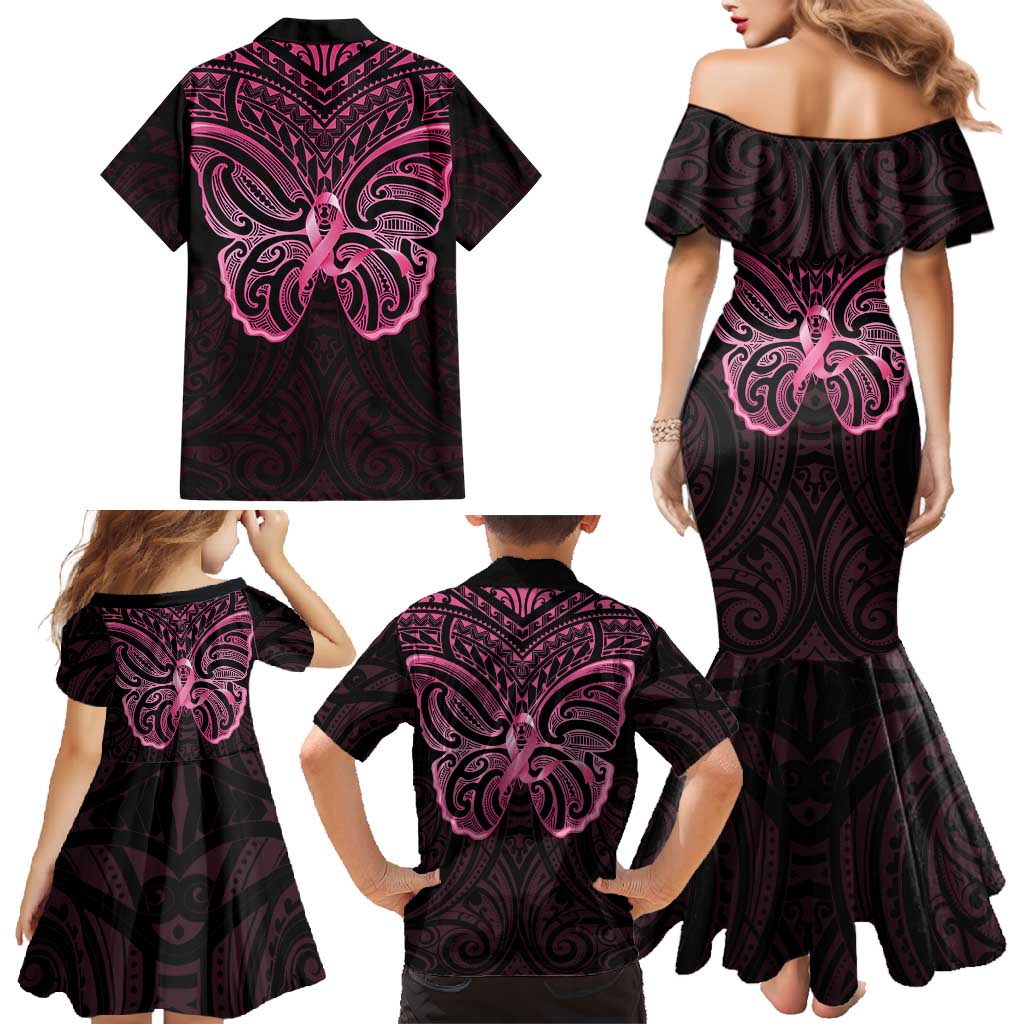 New Zealand Breast Cancer Awareness Family Matching Mermaid Dress and Hawaiian Shirt Maori Butterfly Pink Ribbon Black Version LT14 - Polynesian Pride