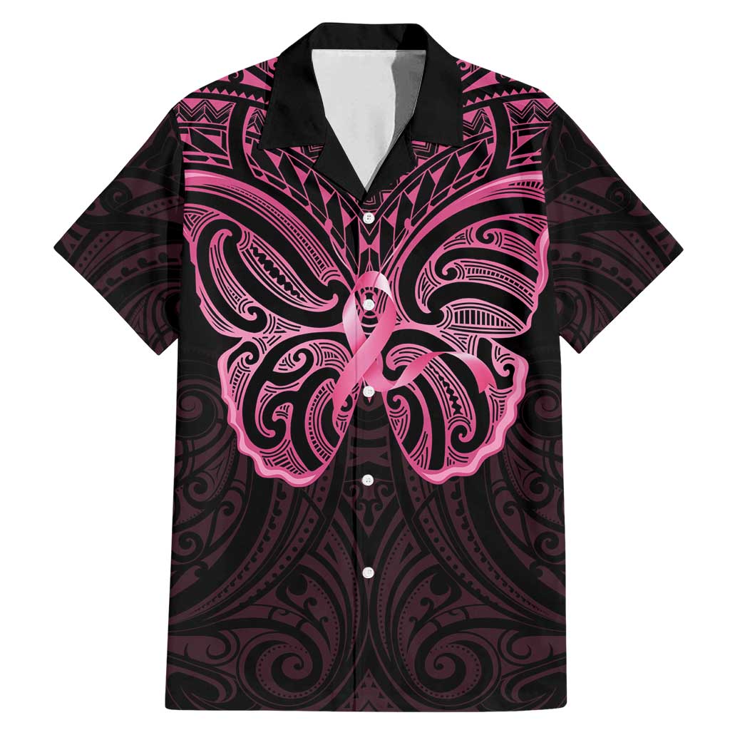 New Zealand Breast Cancer Awareness Family Matching Mermaid Dress and Hawaiian Shirt Maori Butterfly Pink Ribbon Black Version LT14 Dad's Shirt - Short Sleeve Black - Polynesian Pride