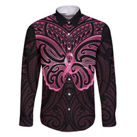 New Zealand Breast Cancer Awareness Family Matching Mermaid Dress and Hawaiian Shirt Maori Butterfly Pink Ribbon Black Version LT14 Dad's Shirt - Long Sleeve Black - Polynesian Pride