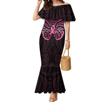 New Zealand Breast Cancer Awareness Family Matching Mermaid Dress and Hawaiian Shirt Maori Butterfly Pink Ribbon Black Version LT14 Mom's Dress Black - Polynesian Pride
