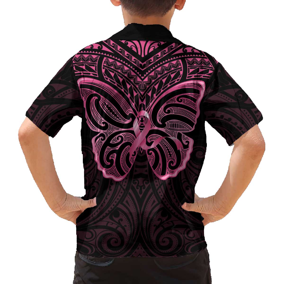 New Zealand Breast Cancer Awareness Family Matching Off The Shoulder Long Sleeve Dress and Hawaiian Shirt Maori Butterfly Pink Ribbon Black Version LT14 - Polynesian Pride