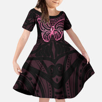 New Zealand Breast Cancer Awareness Family Matching Off The Shoulder Long Sleeve Dress and Hawaiian Shirt Maori Butterfly Pink Ribbon Black Version LT14 Daughter's Dress Black - Polynesian Pride