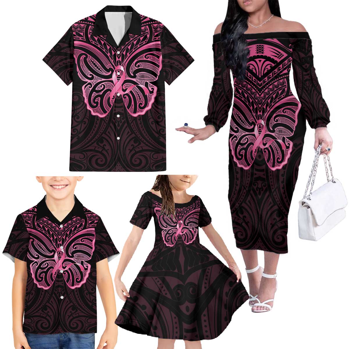 New Zealand Breast Cancer Awareness Family Matching Off The Shoulder Long Sleeve Dress and Hawaiian Shirt Maori Butterfly Pink Ribbon Black Version LT14 - Polynesian Pride