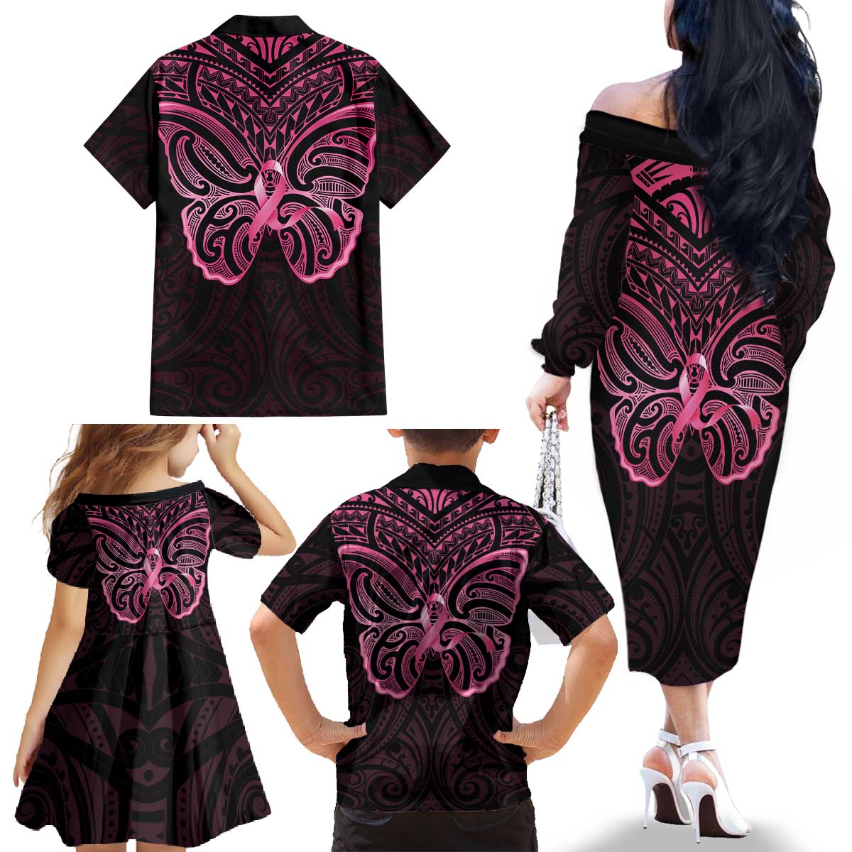 New Zealand Breast Cancer Awareness Family Matching Off The Shoulder Long Sleeve Dress and Hawaiian Shirt Maori Butterfly Pink Ribbon Black Version LT14 - Polynesian Pride