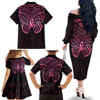 New Zealand Breast Cancer Awareness Family Matching Off The Shoulder Long Sleeve Dress and Hawaiian Shirt Maori Butterfly Pink Ribbon Black Version LT14 - Polynesian Pride