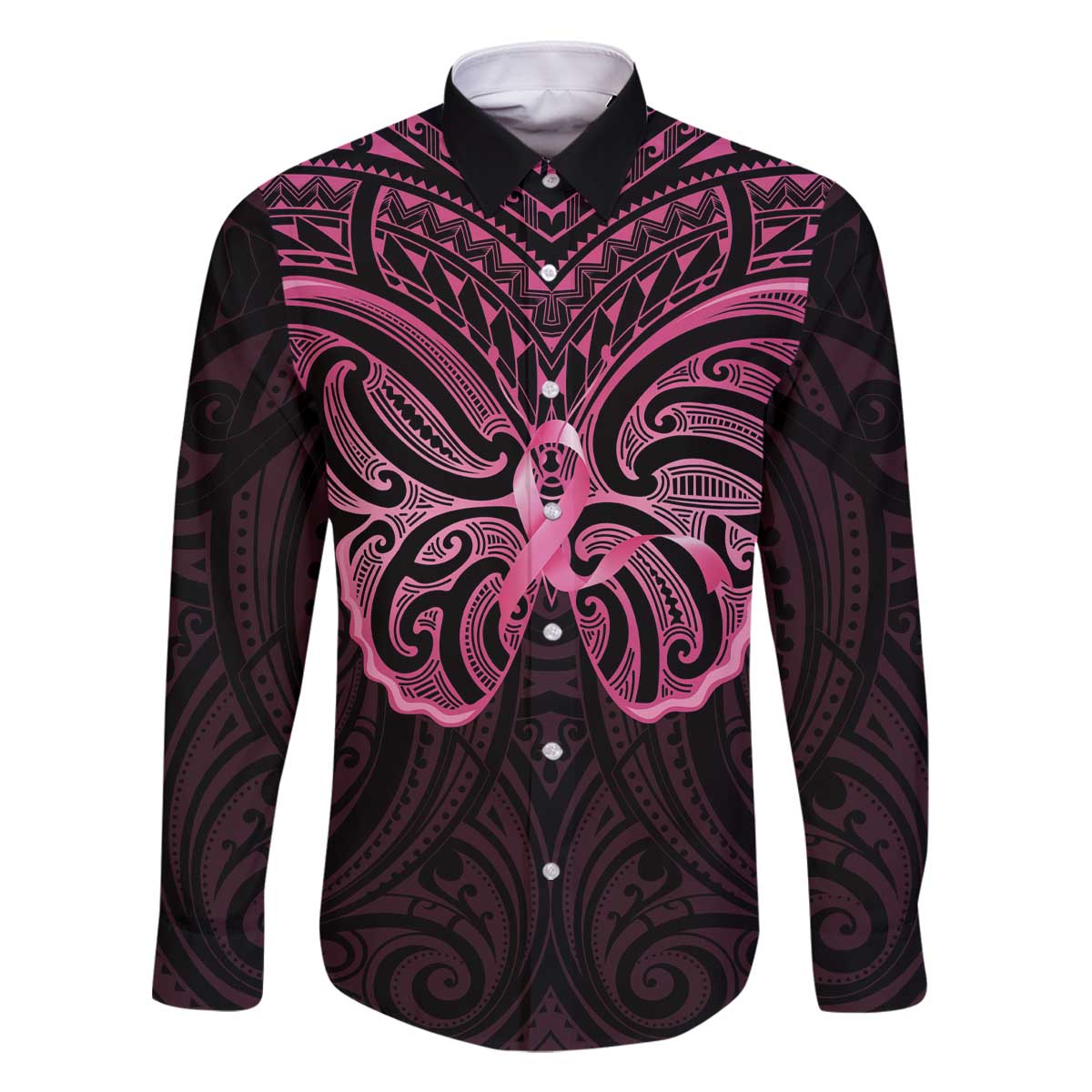 New Zealand Breast Cancer Awareness Family Matching Off The Shoulder Long Sleeve Dress and Hawaiian Shirt Maori Butterfly Pink Ribbon Black Version LT14 Dad's Shirt - Long Sleeve Black - Polynesian Pride