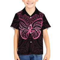 New Zealand Breast Cancer Awareness Family Matching Off The Shoulder Long Sleeve Dress and Hawaiian Shirt Maori Butterfly Pink Ribbon Black Version LT14 Son's Shirt Black - Polynesian Pride