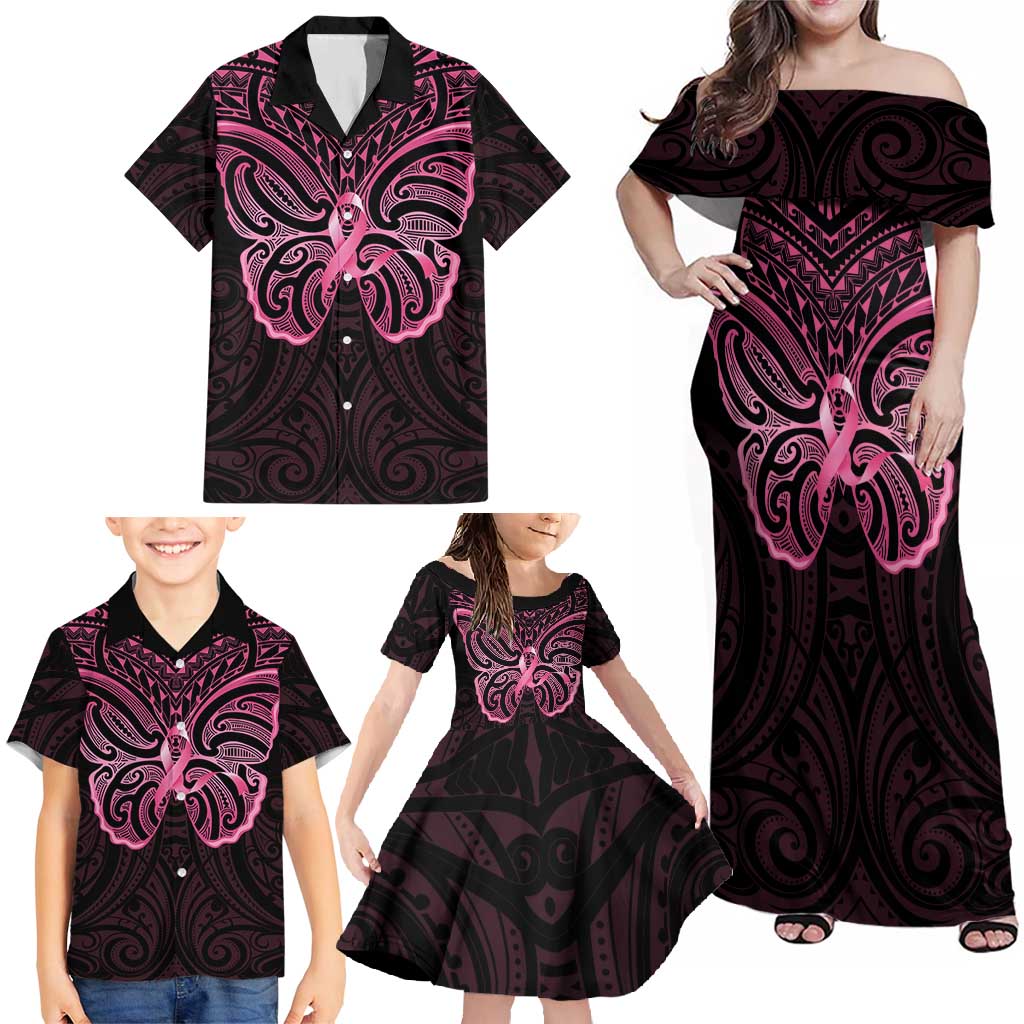 New Zealand Breast Cancer Awareness Family Matching Off Shoulder Maxi Dress and Hawaiian Shirt Maori Butterfly Pink Ribbon Black Version LT14 - Polynesian Pride
