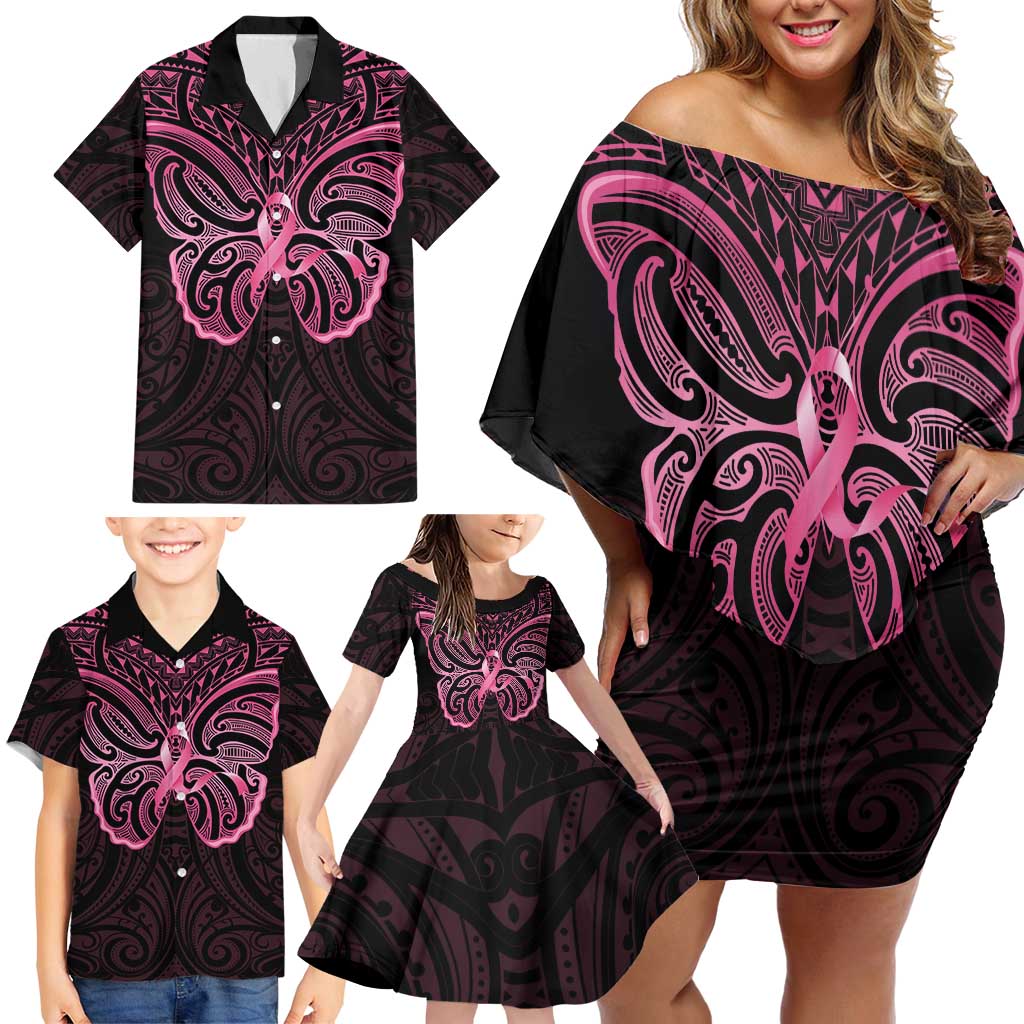 New Zealand Breast Cancer Awareness Family Matching Off Shoulder Short Dress and Hawaiian Shirt Maori Butterfly Pink Ribbon Black Version LT14 - Polynesian Pride