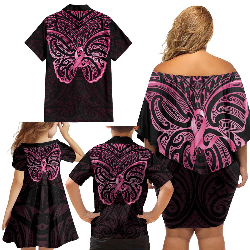 New Zealand Breast Cancer Awareness Family Matching Off Shoulder Short Dress and Hawaiian Shirt Maori Butterfly Pink Ribbon Black Version LT14 - Polynesian Pride