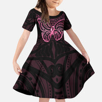 New Zealand Breast Cancer Awareness Family Matching Puletasi and Hawaiian Shirt Maori Butterfly Pink Ribbon Black Version LT14 Daughter's Dress Black - Polynesian Pride