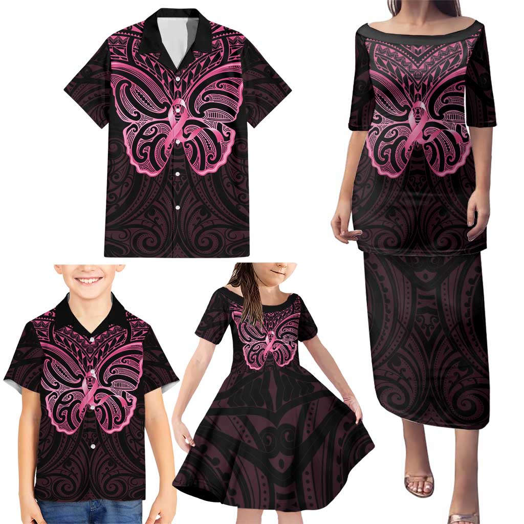 New Zealand Breast Cancer Awareness Family Matching Puletasi and Hawaiian Shirt Maori Butterfly Pink Ribbon Black Version LT14 - Polynesian Pride