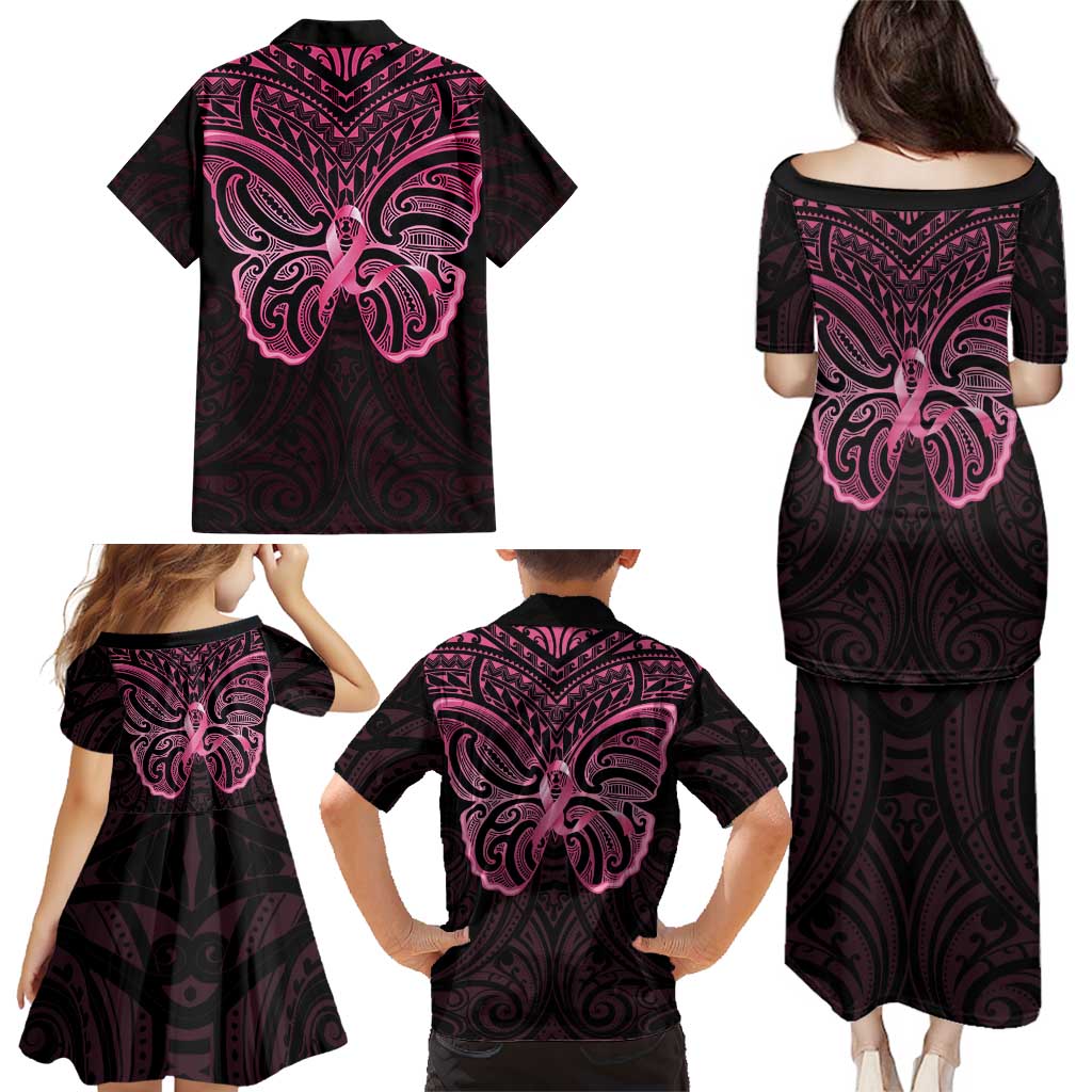 New Zealand Breast Cancer Awareness Family Matching Puletasi and Hawaiian Shirt Maori Butterfly Pink Ribbon Black Version LT14 - Polynesian Pride