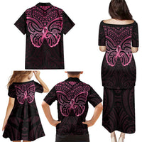 New Zealand Breast Cancer Awareness Family Matching Puletasi and Hawaiian Shirt Maori Butterfly Pink Ribbon Black Version LT14 - Polynesian Pride