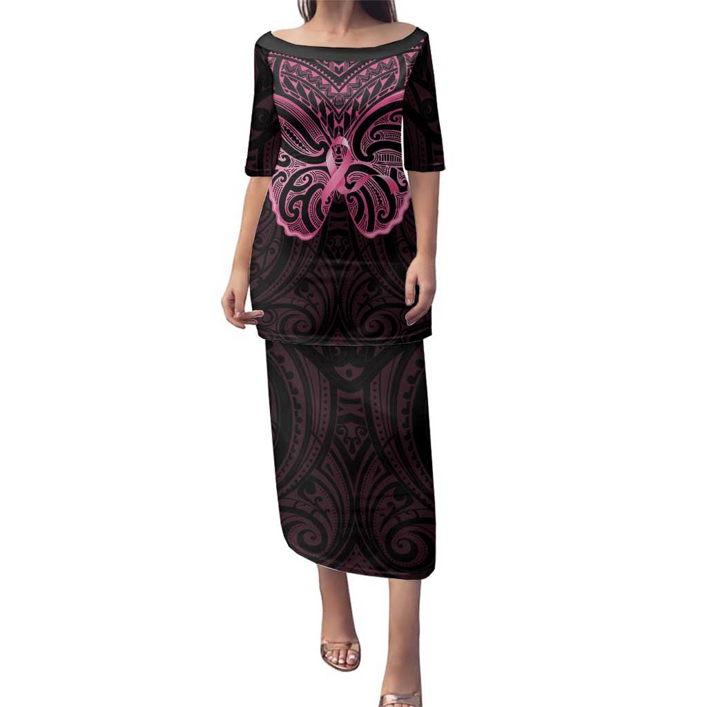 New Zealand Breast Cancer Awareness Family Matching Puletasi and Hawaiian Shirt Maori Butterfly Pink Ribbon Black Version LT14 Mom's Dress Black - Polynesian Pride