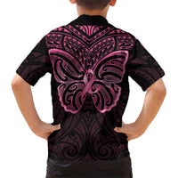 New Zealand Breast Cancer Awareness Family Matching Short Sleeve Bodycon Dress and Hawaiian Shirt Maori Butterfly Pink Ribbon Black Version LT14 - Polynesian Pride