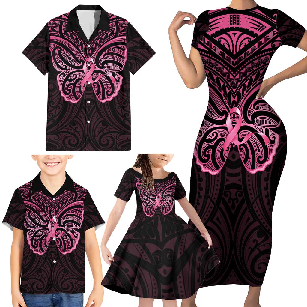 New Zealand Breast Cancer Awareness Family Matching Short Sleeve Bodycon Dress and Hawaiian Shirt Maori Butterfly Pink Ribbon Black Version LT14 - Polynesian Pride