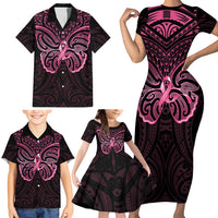 New Zealand Breast Cancer Awareness Family Matching Short Sleeve Bodycon Dress and Hawaiian Shirt Maori Butterfly Pink Ribbon Black Version LT14 - Polynesian Pride