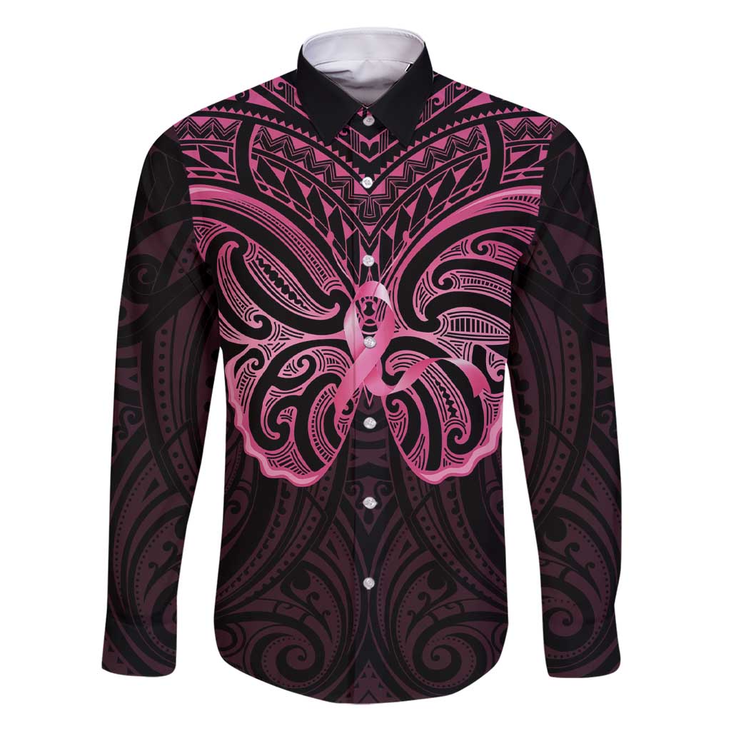 New Zealand Breast Cancer Awareness Family Matching Short Sleeve Bodycon Dress and Hawaiian Shirt Maori Butterfly Pink Ribbon Black Version LT14 Dad's Shirt - Long Sleeve Black - Polynesian Pride