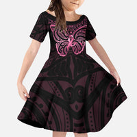 New Zealand Breast Cancer Awareness Family Matching Summer Maxi Dress and Hawaiian Shirt Maori Butterfly Pink Ribbon Black Version LT14 Daughter's Dress Black - Polynesian Pride