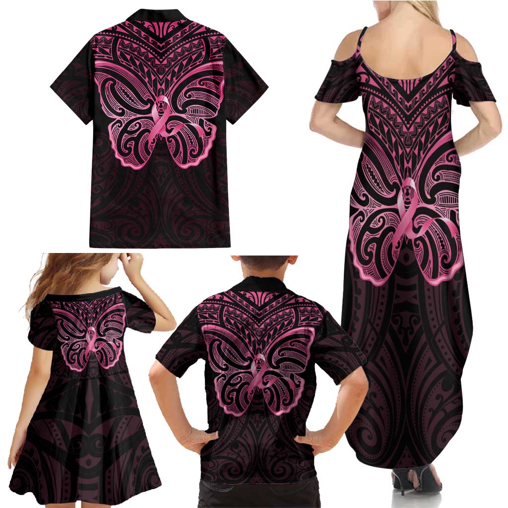 New Zealand Breast Cancer Awareness Family Matching Summer Maxi Dress and Hawaiian Shirt Maori Butterfly Pink Ribbon Black Version LT14 - Polynesian Pride