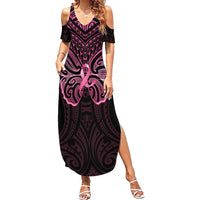 New Zealand Breast Cancer Awareness Family Matching Summer Maxi Dress and Hawaiian Shirt Maori Butterfly Pink Ribbon Black Version LT14 Mom's Dress Black - Polynesian Pride