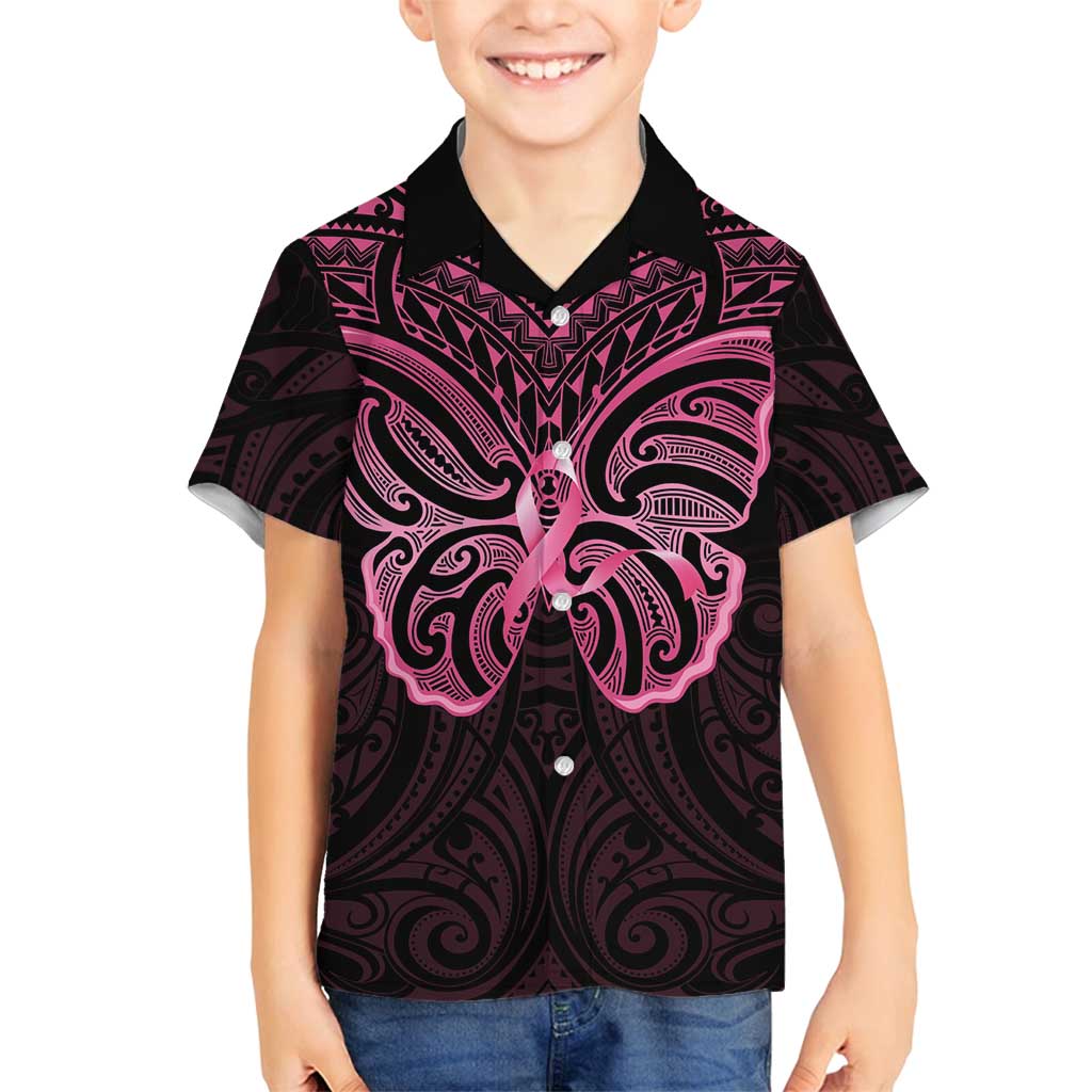 New Zealand Breast Cancer Awareness Family Matching Summer Maxi Dress and Hawaiian Shirt Maori Butterfly Pink Ribbon Black Version LT14 Son's Shirt Black - Polynesian Pride