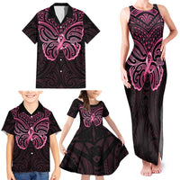 New Zealand Breast Cancer Awareness Family Matching Tank Maxi Dress and Hawaiian Shirt Maori Butterfly Pink Ribbon Black Version LT14 - Polynesian Pride