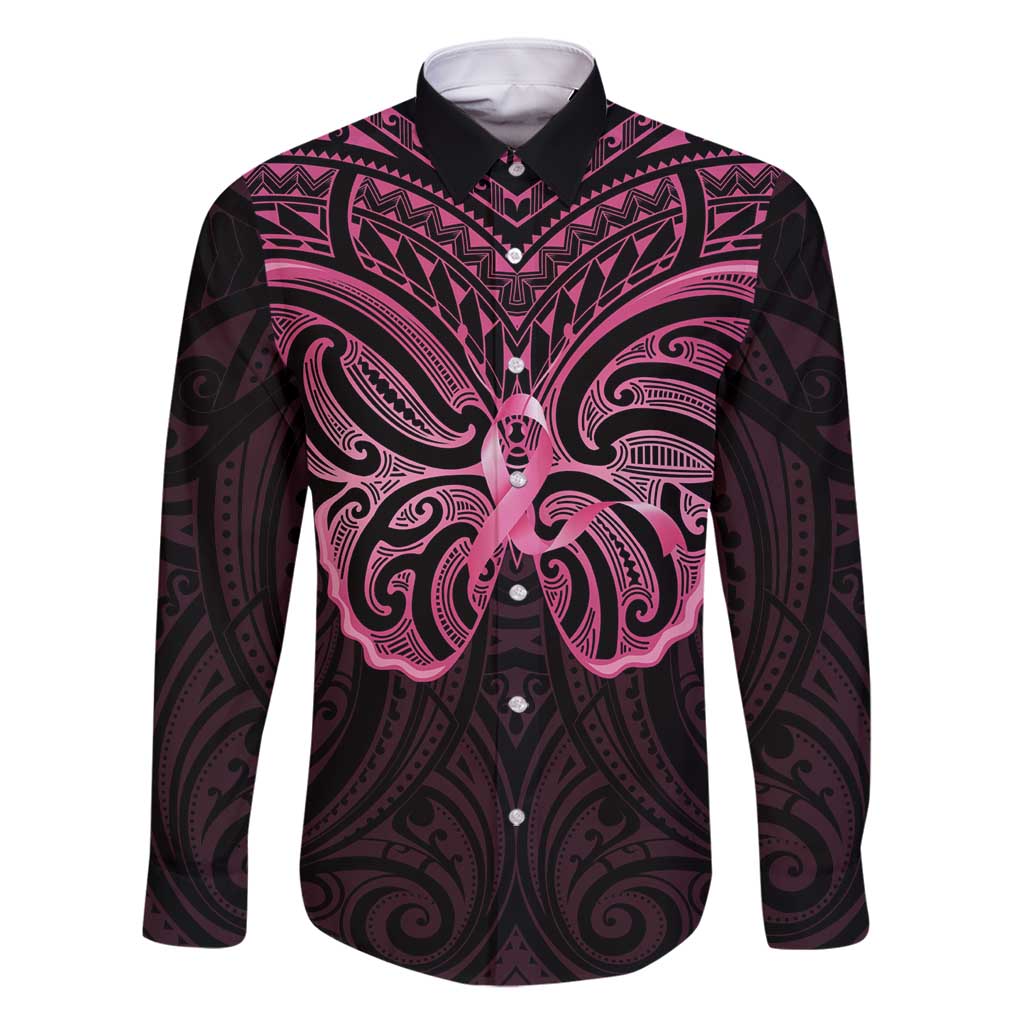 New Zealand Breast Cancer Awareness Family Matching Tank Maxi Dress and Hawaiian Shirt Maori Butterfly Pink Ribbon Black Version LT14 Dad's Shirt - Long Sleeve Black - Polynesian Pride