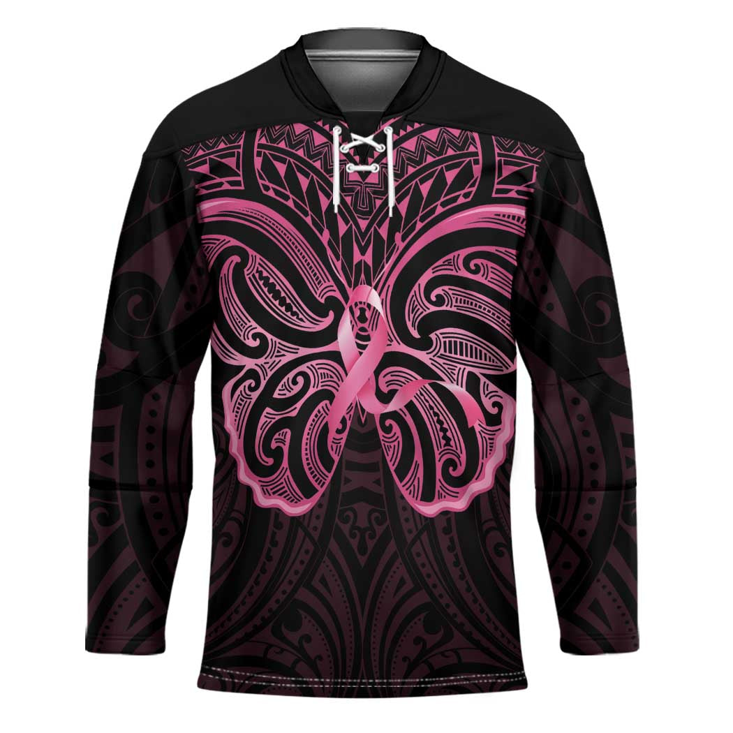 New Zealand Breast Cancer Awareness Hockey Jersey Maori Butterfly Pink Ribbon Black Version LT14 Unisex Black - Polynesian Pride
