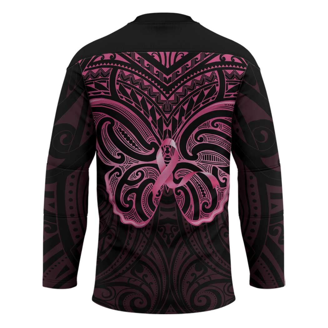 New Zealand Breast Cancer Awareness Hockey Jersey Maori Butterfly Pink Ribbon Black Version LT14 - Polynesian Pride