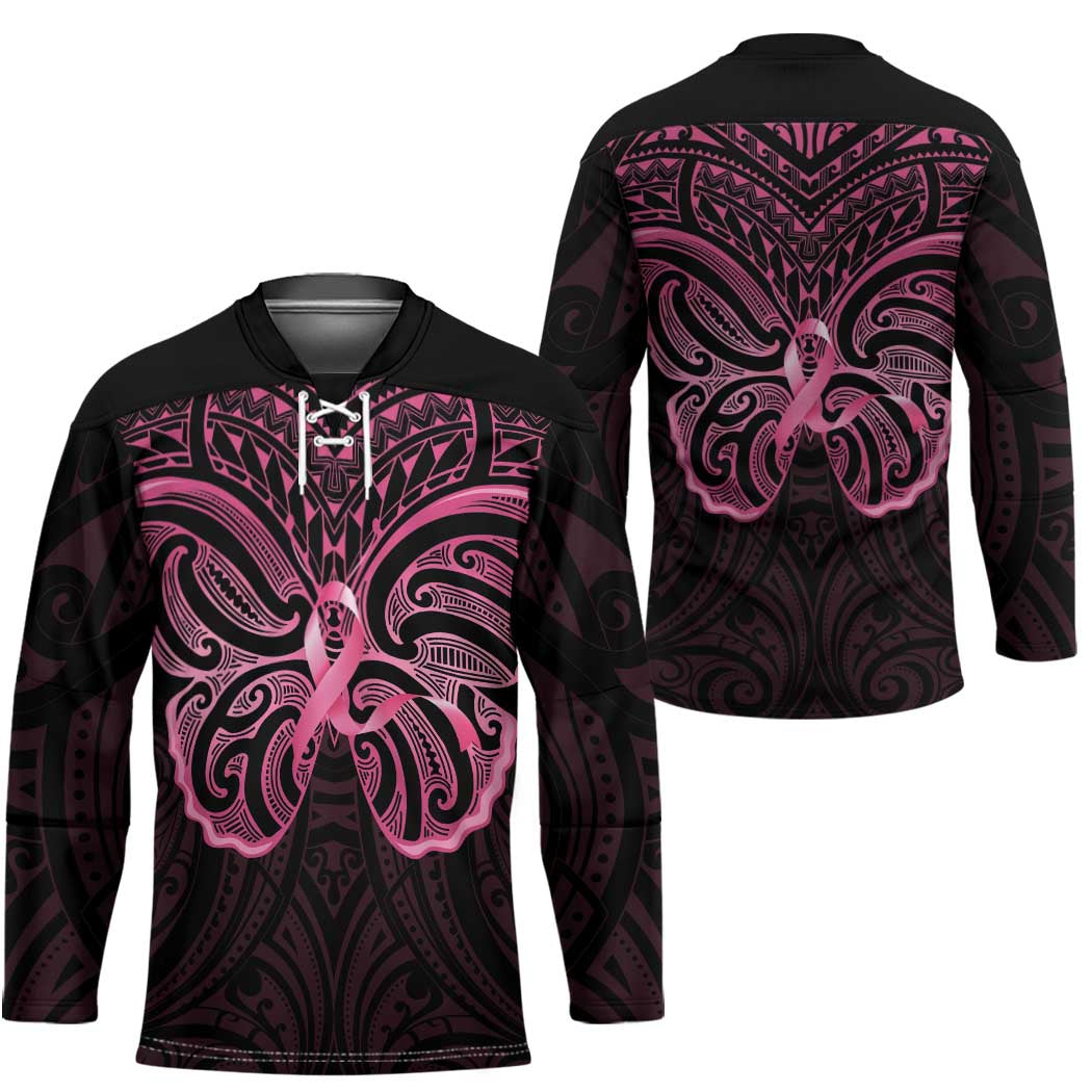 New Zealand Breast Cancer Awareness Hockey Jersey Maori Butterfly Pink Ribbon Black Version LT14 - Polynesian Pride