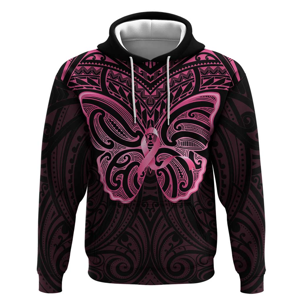 New Zealand Breast Cancer Awareness Hoodie Maori Butterfly Pink Ribbon Black Version LT14 Pullover Hoodie Black - Polynesian Pride