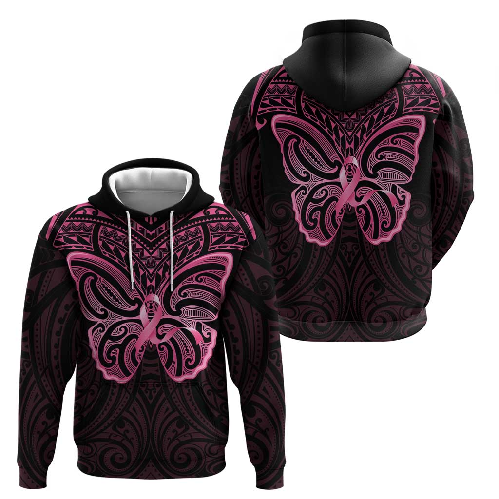 New Zealand Breast Cancer Awareness Hoodie Maori Butterfly Pink Ribbon Black Version LT14 - Polynesian Pride