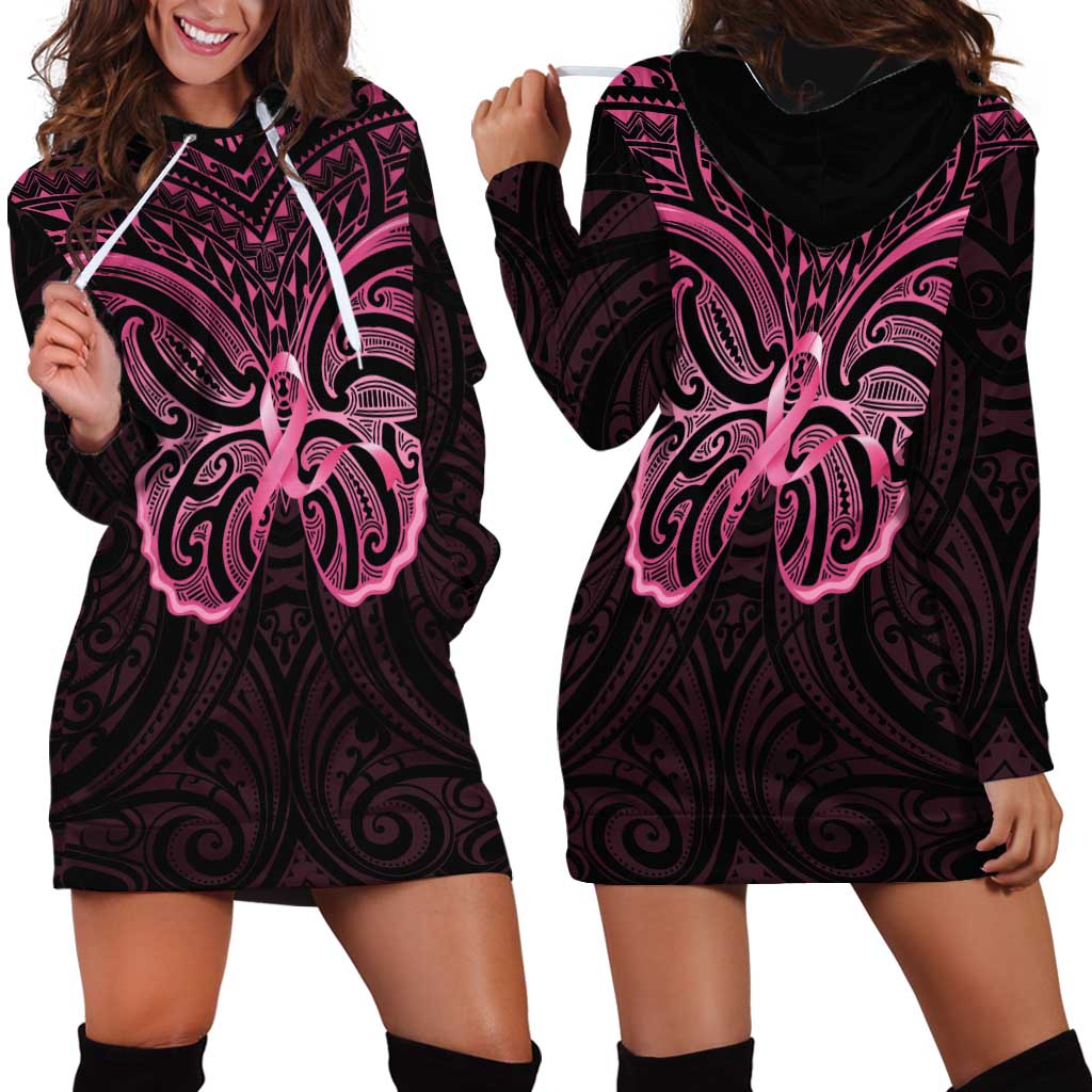 New Zealand Breast Cancer Awareness Hoodie Dress Maori Butterfly Pink Ribbon Black Version LT14 - Polynesian Pride