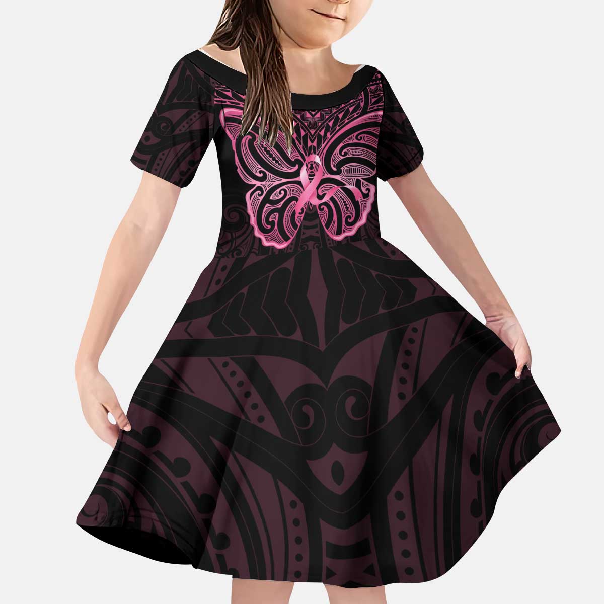 New Zealand Breast Cancer Awareness Kid Short Sleeve Dress Maori Butterfly Pink Ribbon Black Version - Polynesian Pride