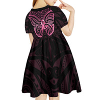 New Zealand Breast Cancer Awareness Kid Short Sleeve Dress Maori Butterfly Pink Ribbon Black Version LT14 - Polynesian Pride