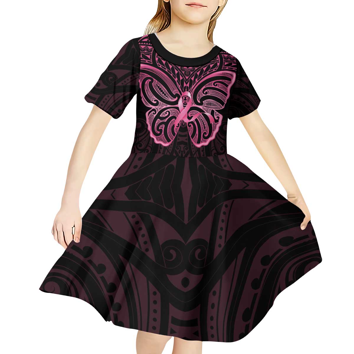 New Zealand Breast Cancer Awareness Kid Short Sleeve Dress Maori Butterfly Pink Ribbon Black Version LT14 - Polynesian Pride