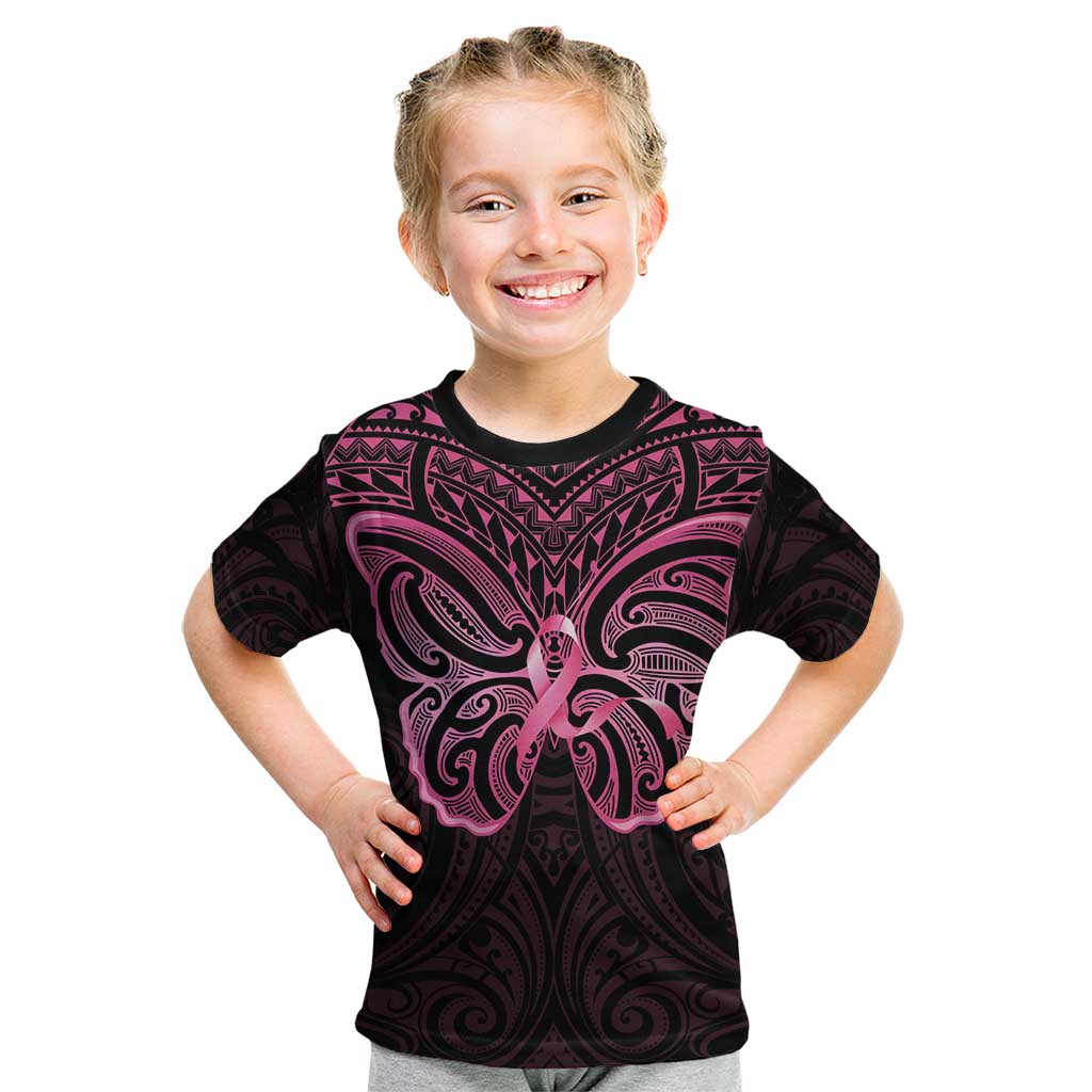 New Zealand Breast Cancer Awareness Kid T Shirt Maori Butterfly Pink Ribbon Black Version - Polynesian Pride