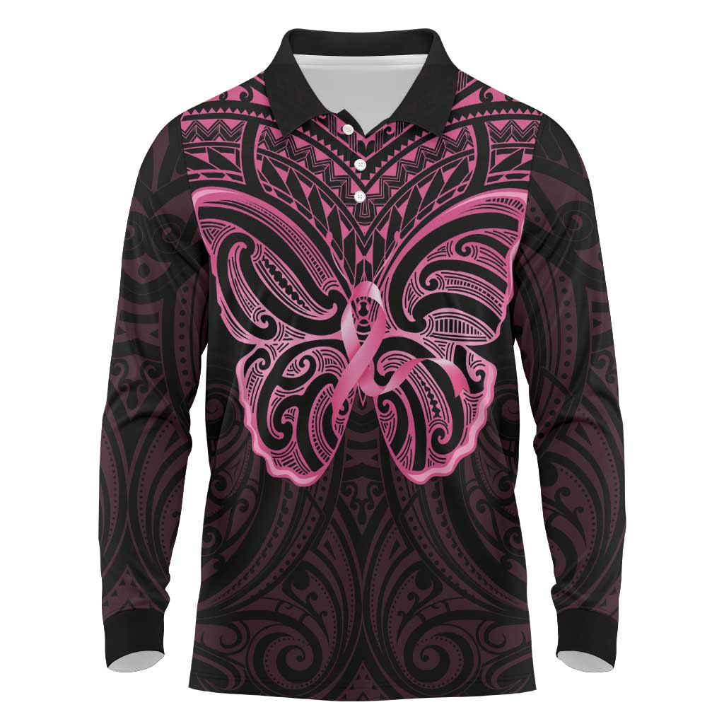 New Zealand Breast Cancer Awareness Long Sleeve Polo Shirt Maori Butterfly Pink Ribbon Black Version LT14 Black - Polynesian Pride