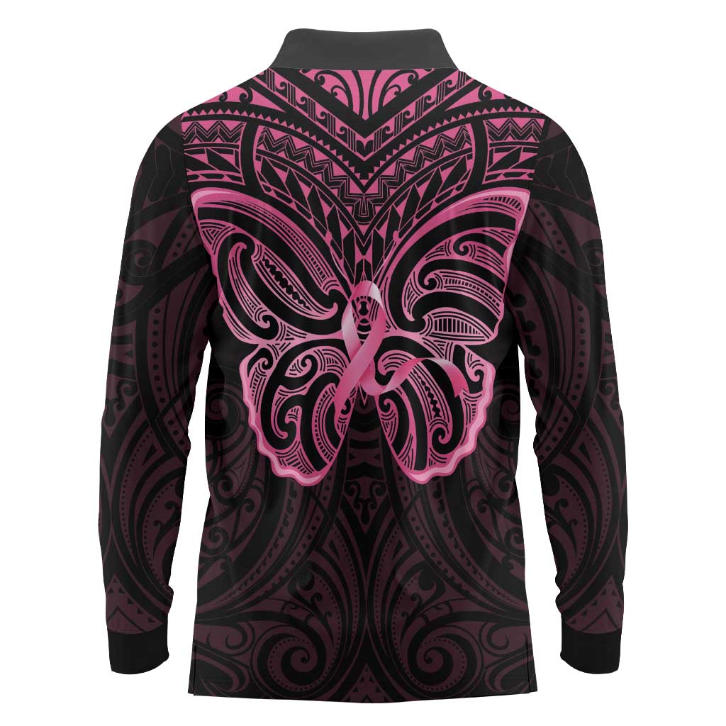 New Zealand Breast Cancer Awareness Long Sleeve Polo Shirt Maori Butterfly Pink Ribbon Black Version LT14 - Polynesian Pride