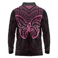 New Zealand Breast Cancer Awareness Long Sleeve Polo Shirt Maori Butterfly Pink Ribbon Black Version LT14 - Polynesian Pride