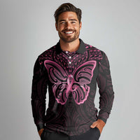 New Zealand Breast Cancer Awareness Long Sleeve Polo Shirt Maori Butterfly Pink Ribbon Black Version LT14 - Polynesian Pride