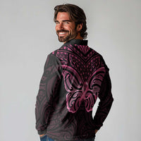 New Zealand Breast Cancer Awareness Long Sleeve Polo Shirt Maori Butterfly Pink Ribbon Black Version LT14 - Polynesian Pride