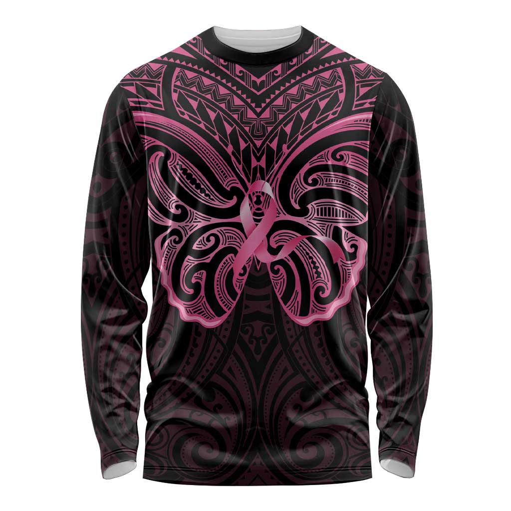 New Zealand Breast Cancer Awareness Long Sleeve Shirt Maori Butterfly Pink Ribbon Black Version LT14 Unisex Black - Polynesian Pride
