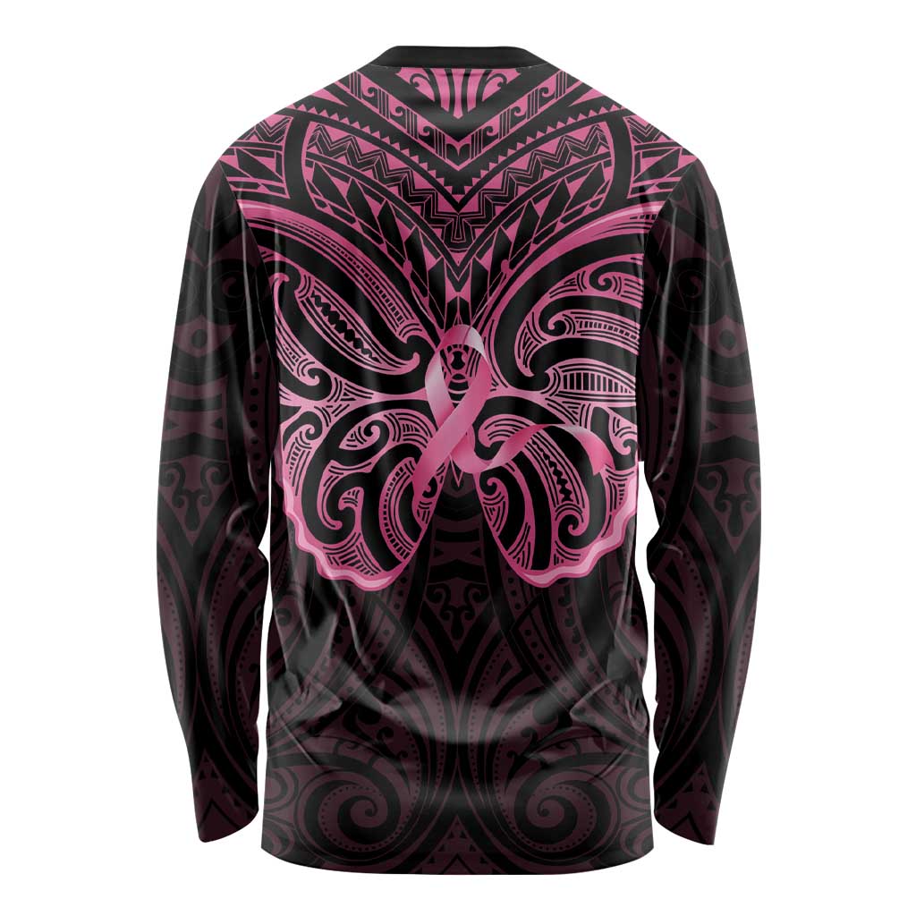 New Zealand Breast Cancer Awareness Long Sleeve Shirt Maori Butterfly Pink Ribbon Black Version LT14 - Polynesian Pride