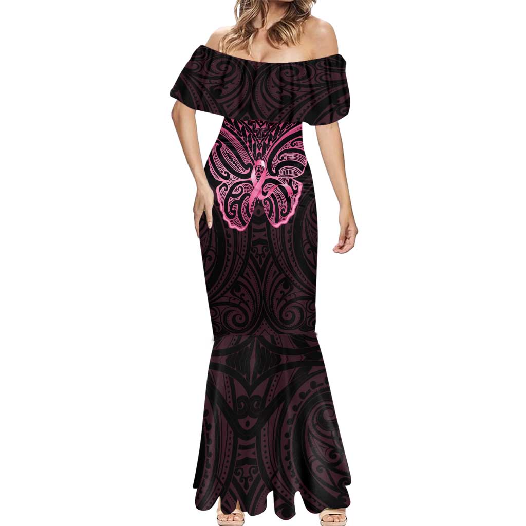 New Zealand Breast Cancer Awareness Mermaid Dress Maori Butterfly Pink Ribbon Black Version LT14 - Polynesian Pride