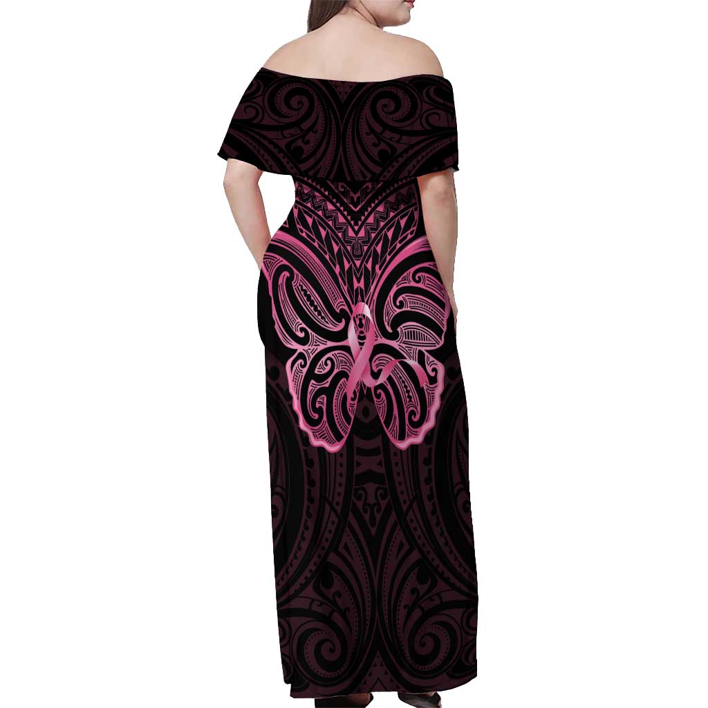 New Zealand Breast Cancer Awareness Off Shoulder Maxi Dress Maori Butterfly Pink Ribbon Black Version LT14 - Polynesian Pride